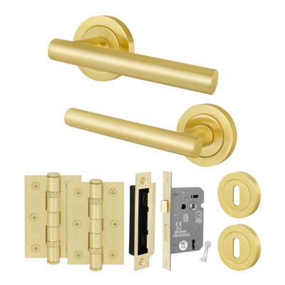 Afit Satin Brass Lock Door Handles Round Rose With Escutcheons And Sashlock (64mm) And Hinges T-Bar 1 PairOlvera from B&Q