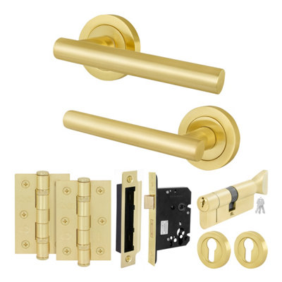 B&Q -  Satin Brass Door Handle Euro Lock And Thumbturn Cylinder SetInternal Handle With LocksHingesOlvera 1 Pack