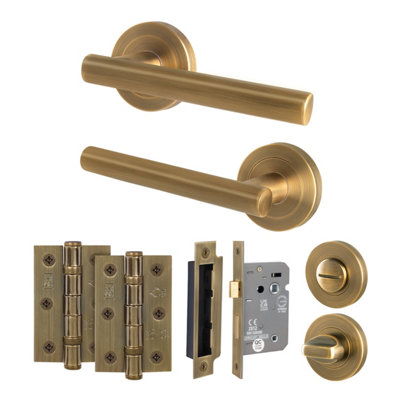 B&Q -  Antique Brass Bathroom Door Handle Round Rose Kit1 Pair Of Internal Lever HandlesLock 64mmHingesOlvera