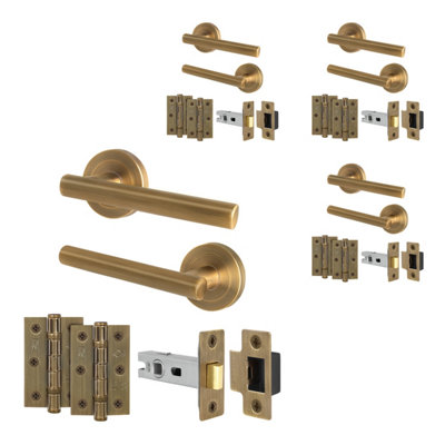 B&Q -  Antique Brass Door Handles Round Rose Latch Kit4 Pairs Internal Lever HandlesLatches 64mm And HingesOlvera