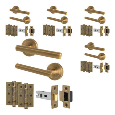 B&Q -  Antique Brass Door Handles Round Rose Latch Kit5 Pairs Internal Lever HandlesLatches 64mm And HingesOlvera