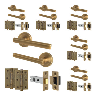 B&Q -  Antique Brass Door Handles Round Rose Latch Kit6 Pairs Internal Lever HandlesLatches 64mm And HingesOlvera