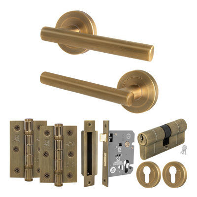 B&Q -  Antique Brass Door Handle Euro Lock And Double Cylinder Kit1 Pair Of Internal HandlesLocksHingesOlvera