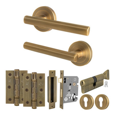 B&Q -  Antique Brass Door Handle Euro Lock And Turn Cylinder Set1 Pair Of Internal HandlesLocksHingesOlvera