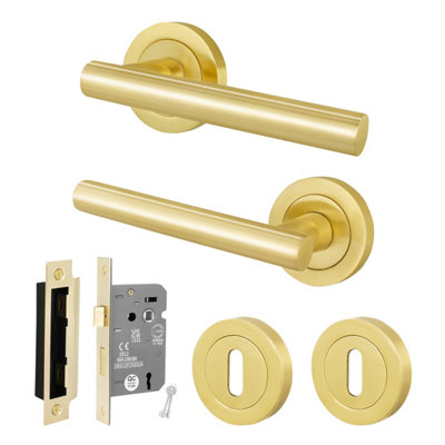 Afit Satin Brass Lock Door Handles Round Rose With Escutcheons And Sashlock (64mm) T-Bar 1 PairOlvera from B&Q