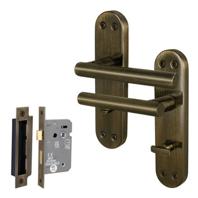 Afit Brass Bathroom Door Handle Set1 Pair Of Internal T-Bar Antique Backplate Handles And Lock (64mm)Olvera Range from B&Q
