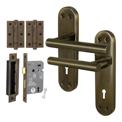 Afit Brass Lock Door Handle Set1 Pair Internal T-Bar Antique Backplate HandlesLock (64mm)HingesOlvera Range from B&Q
