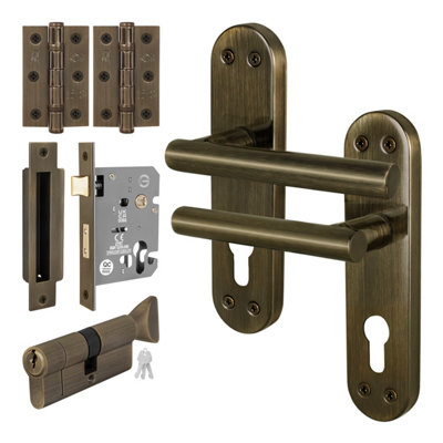 Afit Brass Door Handle Euro Lock With Thumbturn CylinderHinges1 Pair Internal T-Bar Antique HandlesOlvera Range from B&Q