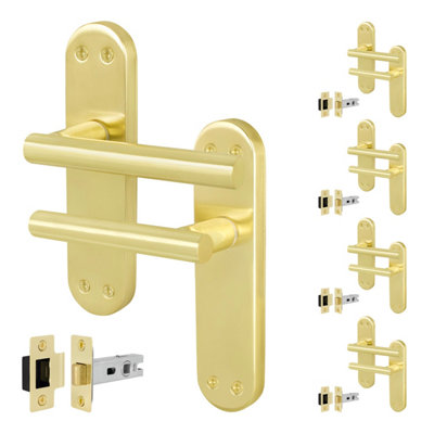 Afit Brass Door Handles With Latch5 Pair Of Internal T-Bar Satin Brass Backplate HandlesOlvera Range from B&Q