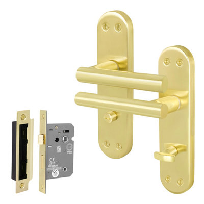 Afit Brass Bathroom Door Handle Set1 Pair Of Internal T-Bar Satin Backplate Handles And Lock (64mm)Olvera Range from B&Q