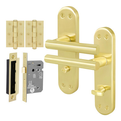 Afit Brass Bathroom Door Handle Set1 Pair Of Internal T-Bar Satin Backplate HandlesLock (64mm)HingesOlvera from B&Q