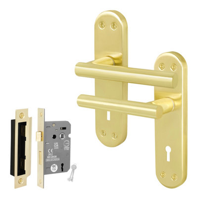 Afit Brass Lock Door Handle Set1 Pair Of Internal T-Bar Satin Backplate Handles And Lock (64mm)Olvera Range from B&Q