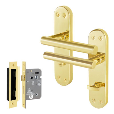 Afit Brass Bathroom Door Handle Set1 Pair Of Internal T-Bar Polished Brass Backplate Handles And Lock (64mm)Olvera Range from B&Q