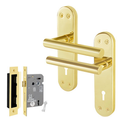 Afit Brass Lock Door Handle Set1 Pair Of Internal T-Bar Polished Brass Backplate Handles And Lock (64mm)Olvera Range from B&Q