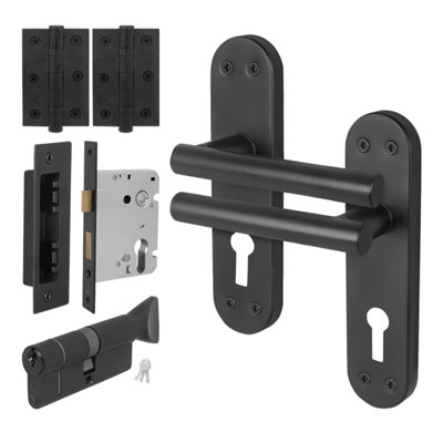 Afit Black Door Handle Euro Lock With Thumbturn CylinderHinges1 Pair Internal T-Bar Matt HandlesOlvera Range from B&Q