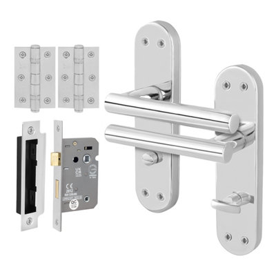 Afit Chrome Bathroom Door Handle Set1 Pair Of Internal T-Bar Polished Backplate HandlesLock (80mm)HingesOlvera from B&Q