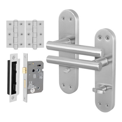 Afit Satin Bathroom Door Handle Set1 Pair Of Internal T-Bar Satin Nickel Backplate HandlesLock (80mm)HingesOlvera from B&Q