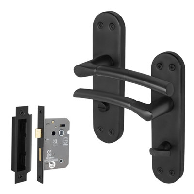 Afit Black Bathroom Door Handle Set1 Pair Of Internal Matt Backplate Handles And Lock (64mm)Boston Range from B&Q