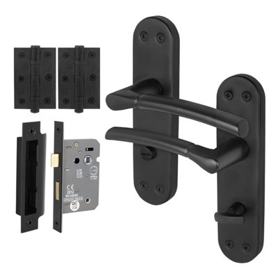 Afit Black Bathroom Door Handle Set1 Pair Of Internal Matt Backplate HandlesLock (80mm)Hinges (76mm)Boston Range from B&Q