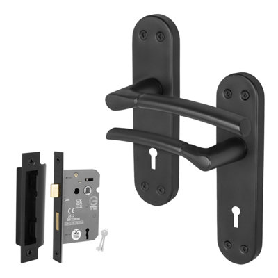 Afit Black Lock Door Handle Set1 Pair Of Internal Lever Matt Backplate Handles And Lock (64mm)Boston Range from B&Q