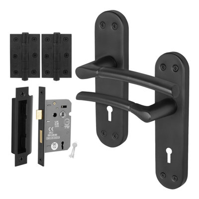 Afit Black Lock Door Handle Set1 Pair Internal Matt Backplate HandlesLock (64mm)HingesBoston Range from B&Q