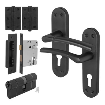 Afit Black Door Handle Euro LockDouble CylinderHinges1 Pair Of Internal Matt Black Backplate HandlesBoston Range from B&Q