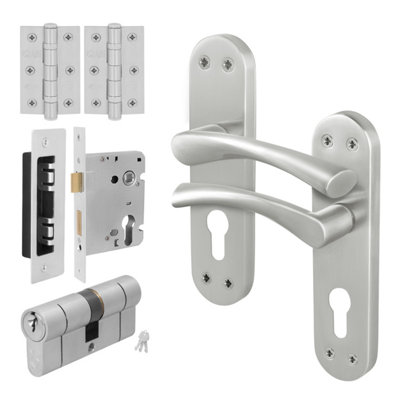 Afit Satin Door Handle Euro LockDouble Cylinder Set1 Pair Satin Nickel Internal Door HandleLockHingesNovi from B&Q