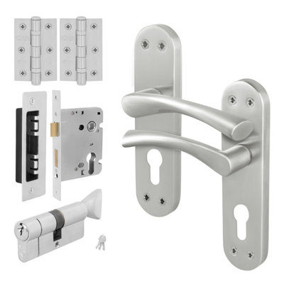 Afit Satin Door Handle Euro LockThumbturn Cylinder Set1 Pair Satin Nickel Internal Door HandleLockHingesNovi from B&Q