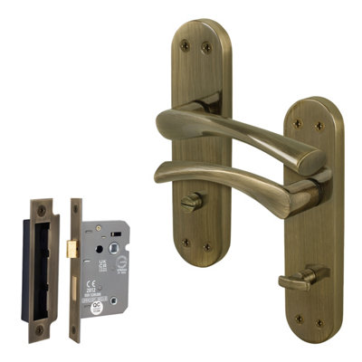 Afit Brass Bathroom Door Handle Set1 Pair Of Internal Twist Antique Backplate Handles And Lock (64mm)Novi Range from B&Q