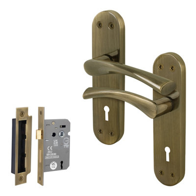 Afit Brass Lock Door Handle Set1 Pair Of Internal Twist Antique Backplate Handles And Lock (64mm)Novi Range from B&Q