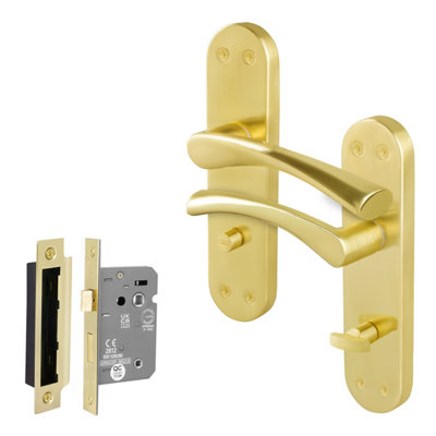 Afit Brass Bathroom Door Handle Set1 Pair Of Internal Twist Satin Brass Backplate Handles And Lock (64mm)Novi Range from B&Q