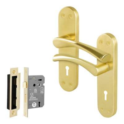 Afit Brass Lock Door Handle Set1 Pair Of Internal Twist Satin Backplate Handles And Lock (64mm)Novi Range from B&Q