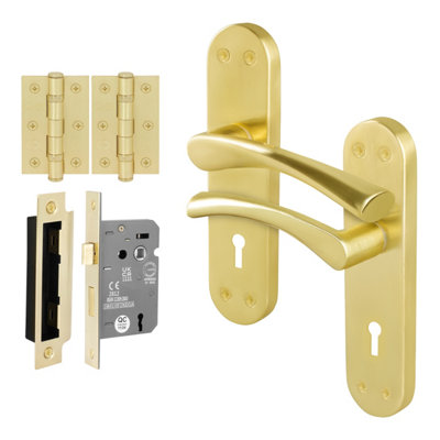 Afit Brass Lock Door Handle Set1 Pair Internal Twist Satin Backplate HandlesLock (64mm)HingesNovi Range from B&Q