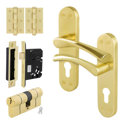 B&Q -  Brass Door Handle Euro Lock With Double CylinderHinges1 Pair Of Internal Twist Satin Brass HandlesNovi Range