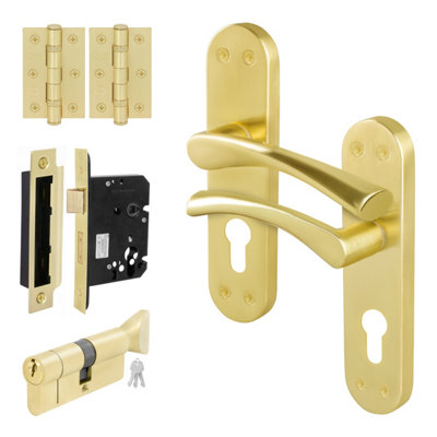B&Q -  Brass Door Handle Euro Lock With Thumbturn CylinderHinges1 Pair Internal Twist Satin Brass HandlesNovi Range