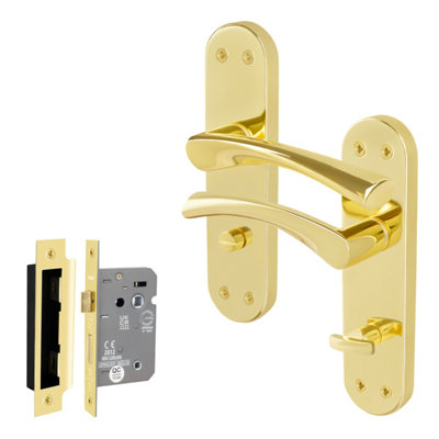 Afit Brass Bathroom Door Handle Set1 Pair Of Internal Twist Polished Backplate Handles And Lock (64mm)Novi Range from B&Q