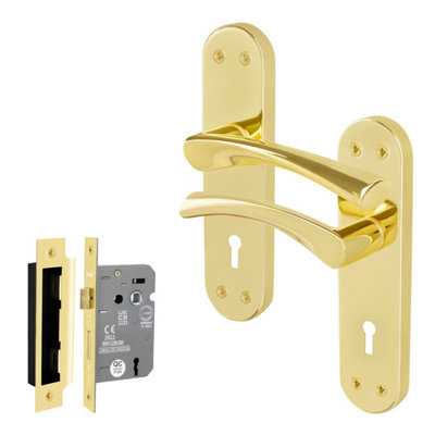 Afit Brass Lock Door Handle Set1 Pair Of Internal Twist Polished Backplate Handles And Lock (64mm)Novi Range from B&Q