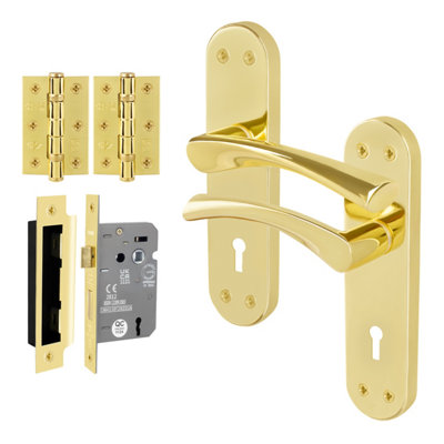 Afit Brass Lock Door Handle Set1 Pair Internal Twist Polished Backplate HandlesLock (64mm)HingesNovi Range from B&Q