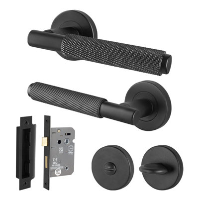 Afit Black Knurled Bathroom Door Handle Set  Internal Handles And 64mm Lock Dixon Range from B&Q