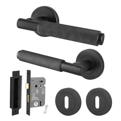 Afit Black Knurled Door Handle Set With Lock Internal Handles And 64mm Sashlock And Escutcheons Dixon Range from B&Q