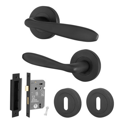 Afit Black Lock Door Handle Round Rose Set1 Pair Of Internal Lever Matt Black Handles And Lock 64mmSanteau Range from B&Q