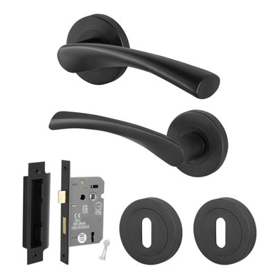 Afit Black Lock Door Handle Round Rose Set 1 Pair Of Matt Black Internal Handles And Lock (64mm)Novi Range from B&Q