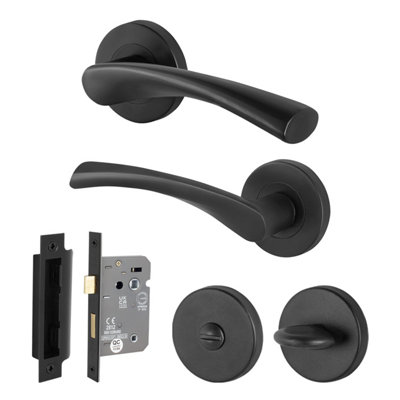 Afit Black Bathroom Door Handle Round Rose Set1 Pair Of Matt Black Internal Handles And Lock (64mm)Novi Range from B&Q