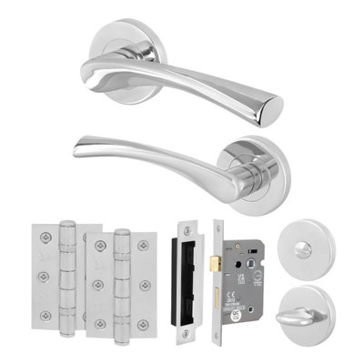 Afit Chrome Bathroom Door Handle Round Rose Set1 Pair Of Polished Chrome Internal HandlesLock (80mm)HingesNovi from B&Q
