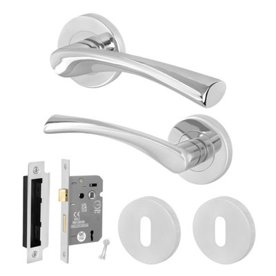 Afit Chrome Lock Door Handle Round Rose Set 1 Pair Of Polished Chrome Internal Handles And Lock (64mm)Novi Range from B&Q