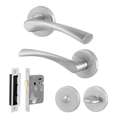Afit Satin Bathroom Door Handle Round Rose Set1 Pair Of Satin Nickel Internal Handles And Lock (64mm)Novi Range from B&Q