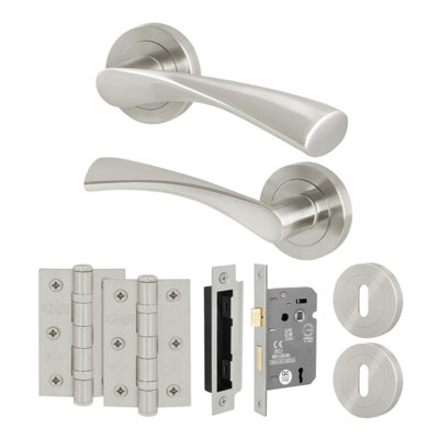 B&Q -  Satin Nickel Door Handle Round Rose Key Lock Kit1 Pair Of Internal Lever HandlesLock 64mm And HingesNovi