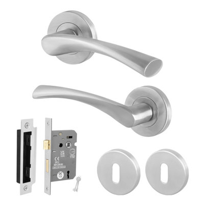 Afit Satin Lock Door Handle Round Rose Set 1 Pair Of Satin Nickel Internal Handles And Lock (64mm)Novi Range from B&Q