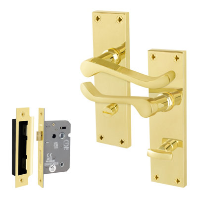 Afit Brass Scroll Door Handles Bathroom Set1 Pair Of Internal Victorian Scroll Backplate Handles And Lock (64mm) from B&Q