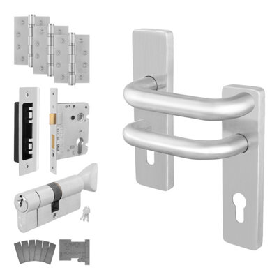 Afit Stainless Steel Door Handle Euro Cylinder Lock And Hinge Kit Fire Doors 19mm Return To Door Lever On Backplate from B&Q